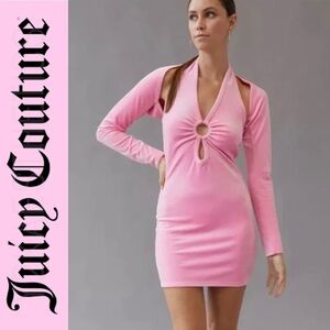 NWT $109R. Juicy Couture Velour Halter Mini Dress with Shrug Size L. Pink